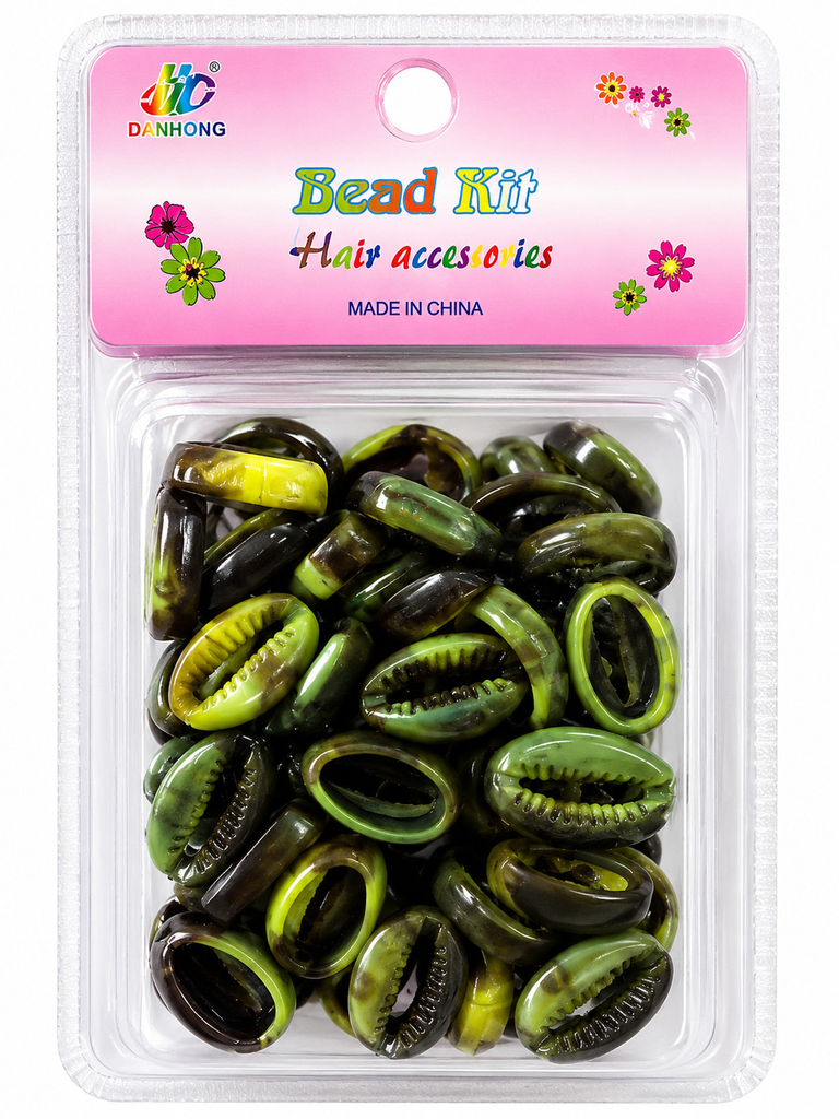 Perles cauris marbrées vert olive et noir